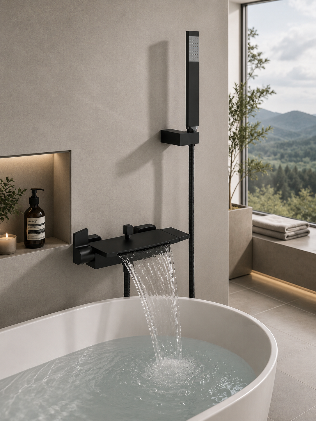 Robinet Baignoire Cascade Mural avec Douchette – Mitigeur Bain Design Contemporain