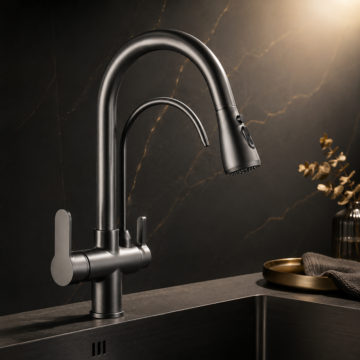 Mitigeur Cuisine 3 Voies avec Douchette Extractible – Robinet Filtre Eau Rotation 360°