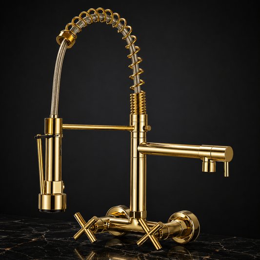 Robinet Cuisine Mural Extractible Double Bec – Mitigeur Professionnel en Laiton avec Douchette