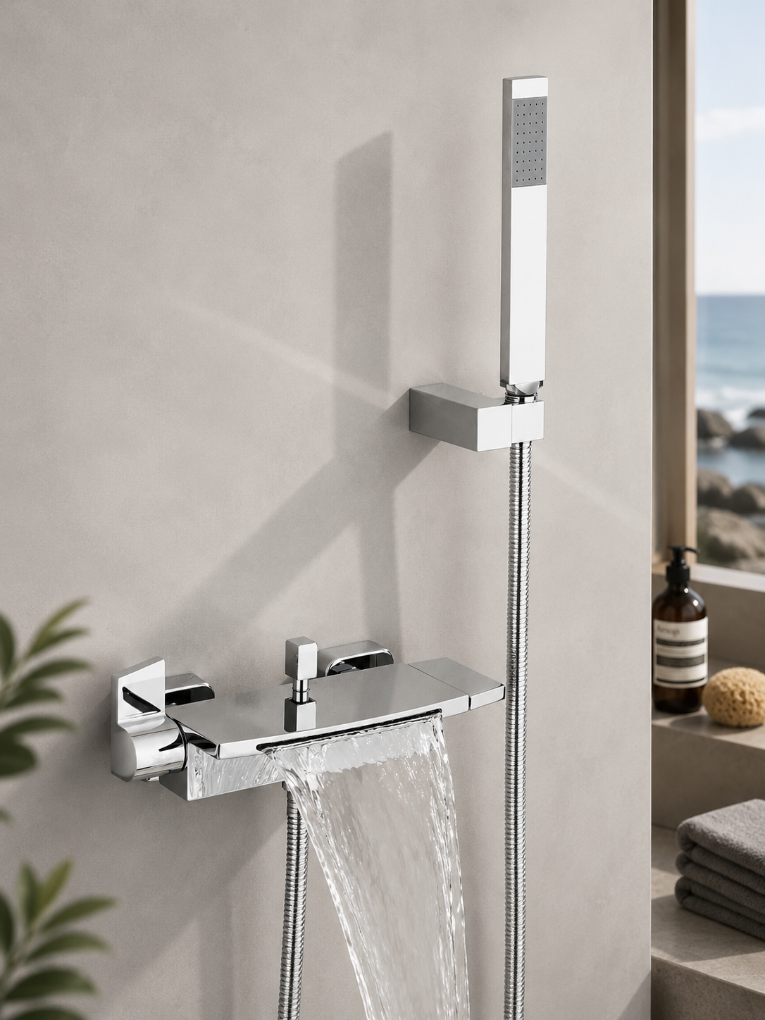 Robinet Baignoire Cascade Mural avec Douchette – Mitigeur Bain Design Contemporain