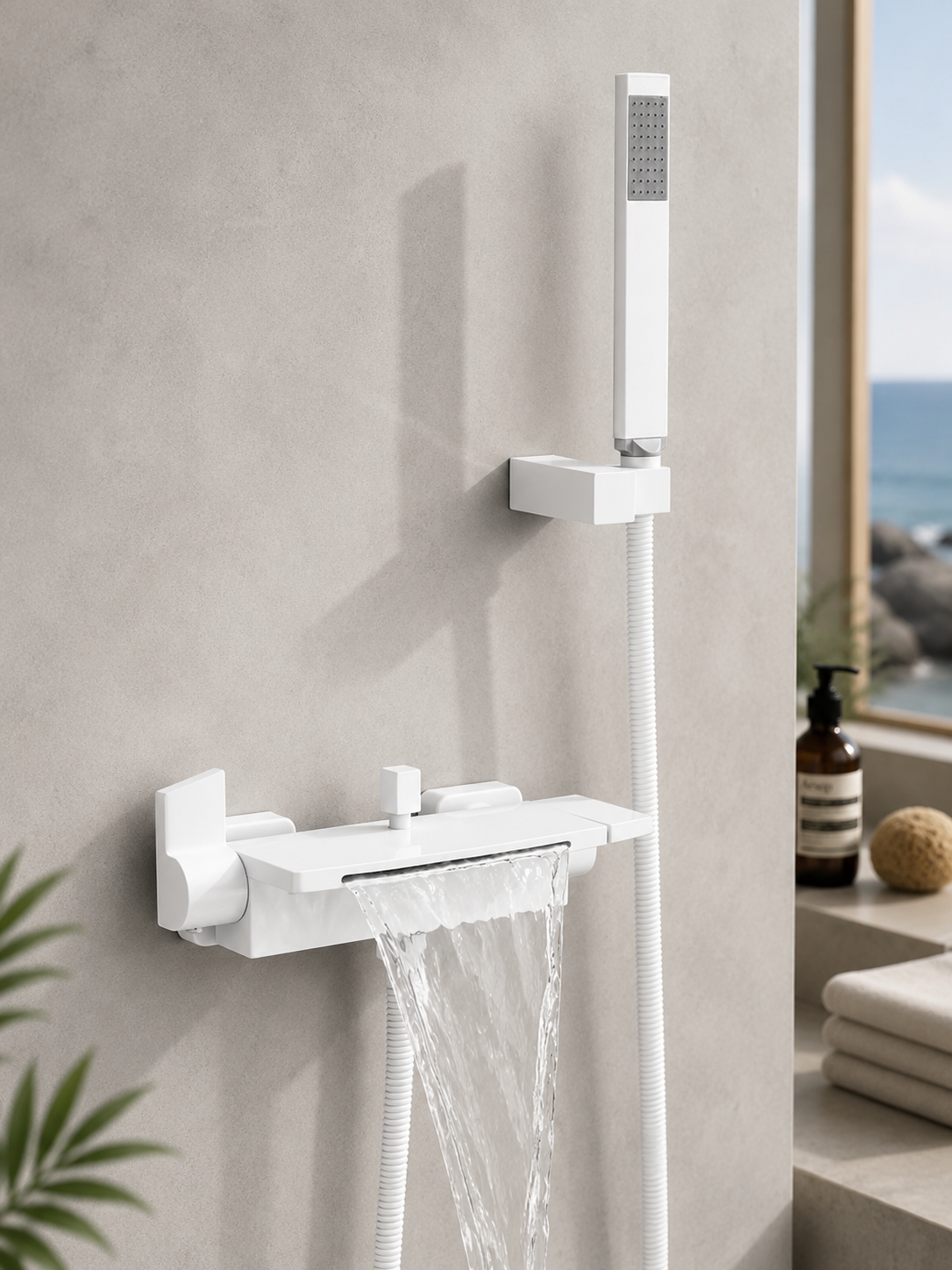 Robinet Baignoire Cascade Mural avec Douchette – Mitigeur Bain Design Contemporain