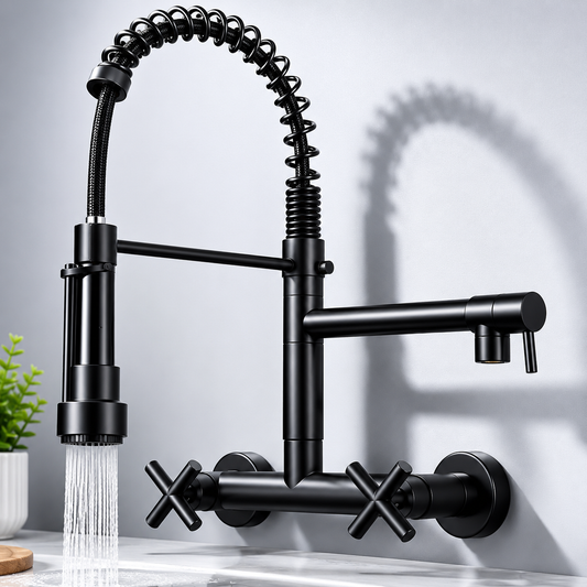Robinet Cuisine Mural Extractible Double Bec – Mitigeur Professionnel en Laiton avec Douchette