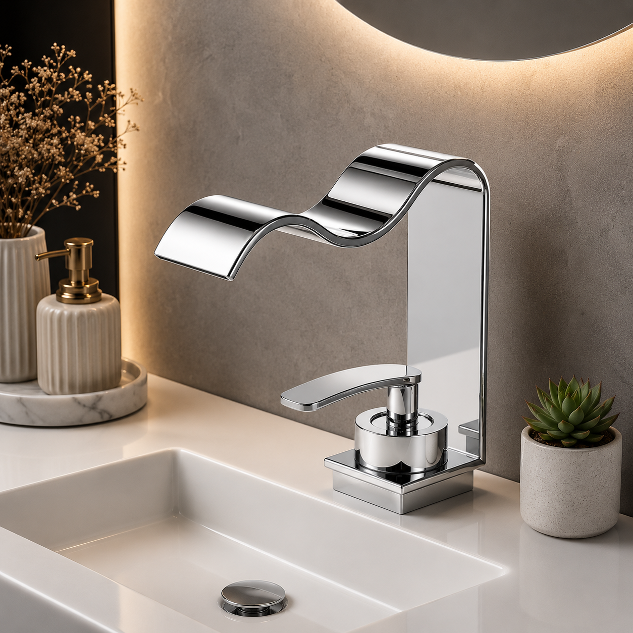 Mitigeur Lavabo Cascade Design Luxe – Robinet Vasque en Laiton Massif Trou Unique