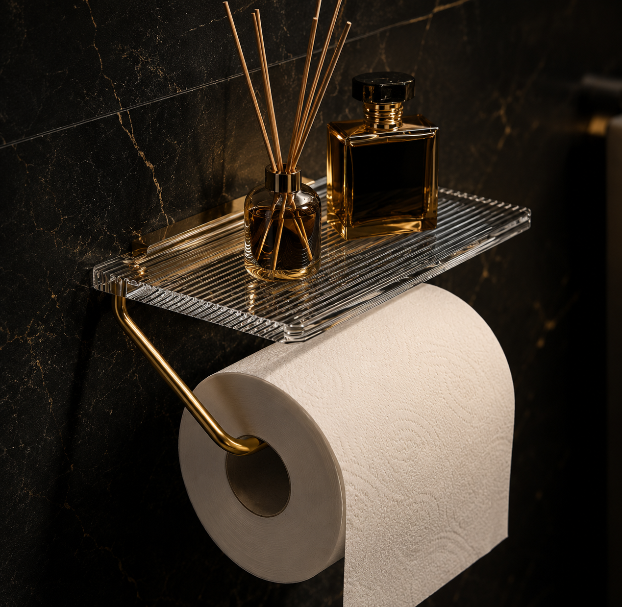 Porte-Papier Toilette avec Étagère – Aluminium & Acrylique Premium | Le Robinetier