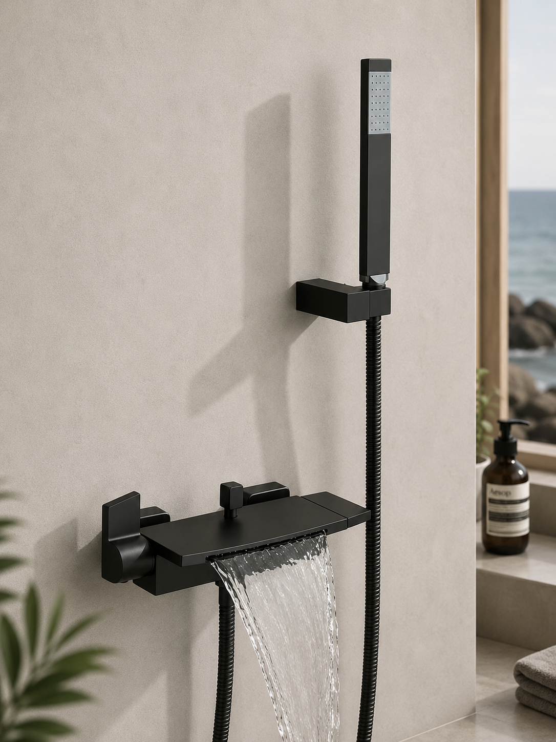 Robinet Baignoire Cascade Mural avec Douchette – Mitigeur Bain Design Contemporain