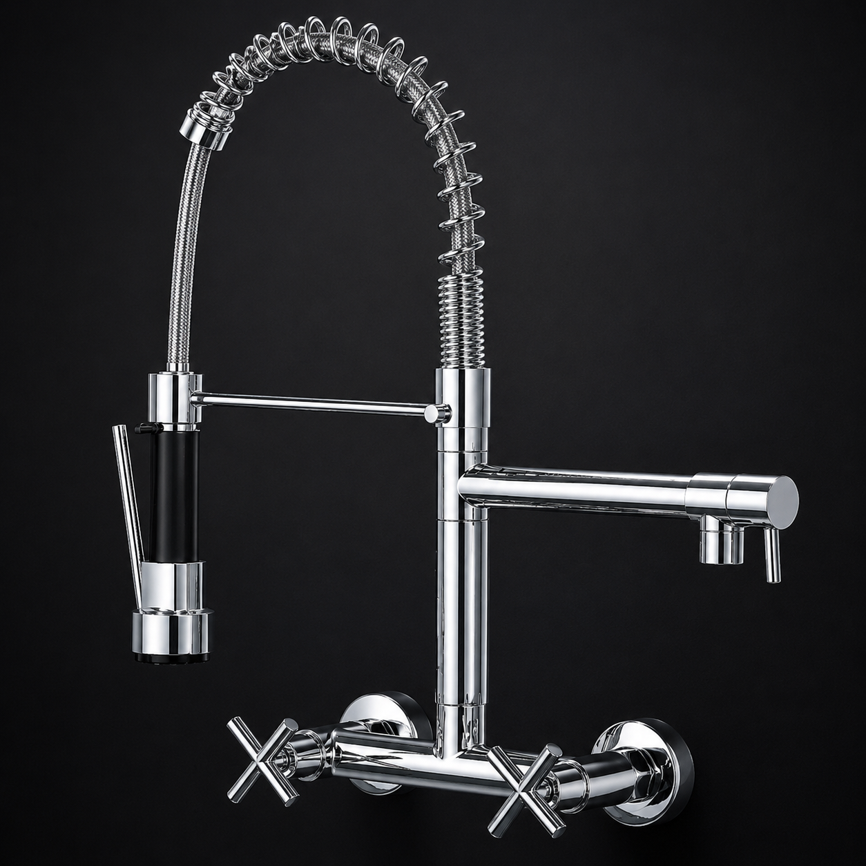 Robinet Cuisine Mural Extractible Double Bec – Mitigeur Professionnel en Laiton avec Douchette